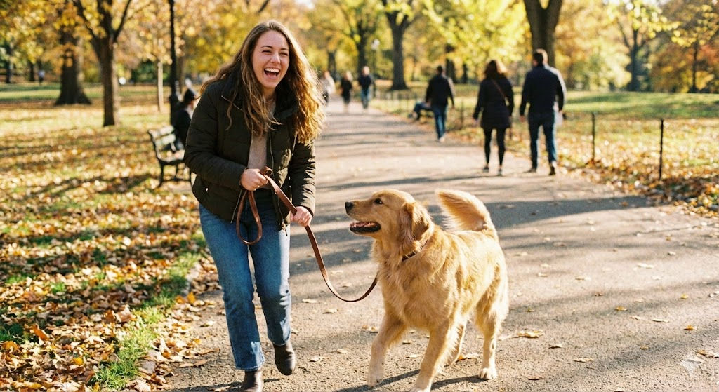리트리버 개와 산책 중인 여자